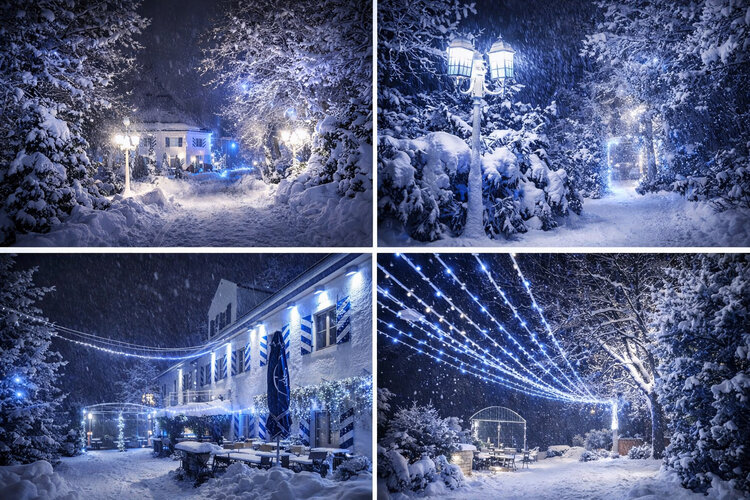 Winterliche Außenansicht des Landhotel Römerkessel bei Nacht mit verschneiter Landschaft, beleuchtetem Gebäude und stimmungsvoller Lichterdekoration.
